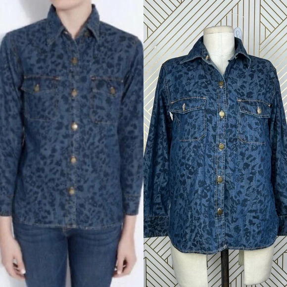 Current/Elliott The Perfect Shirt in Indigo Leopard Denim Size US 0‎ / XS - Picture 1 of 12